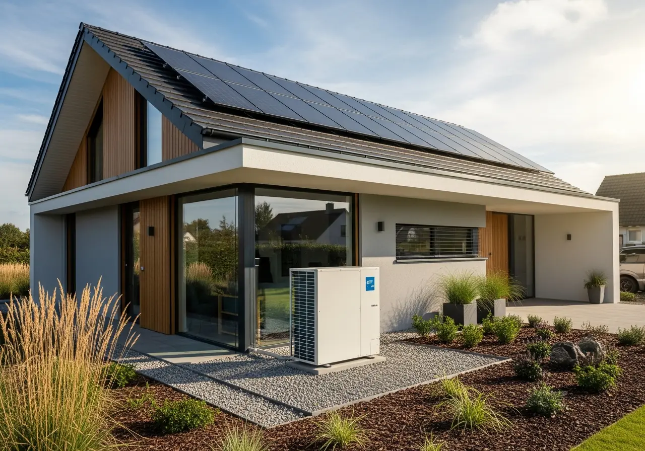 Maison équipée d'une pompe à chaleur et de panneaux solaires